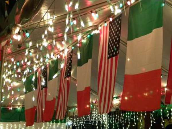 flags hanging in the dining room